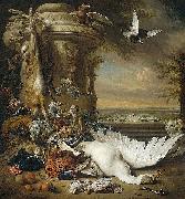 Jan Weenix A monkey and a dog beside dead game and fruit, with the estate of Rijxdorp near Wassenaar in the background oil